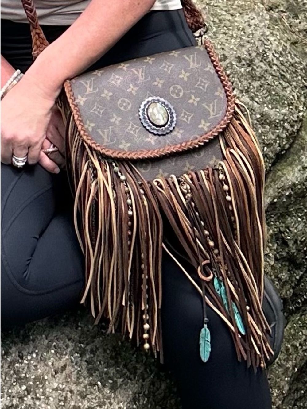 Louis Vuitton Brown Monogram Fringe Crossbody with Turquoise Feather Accents